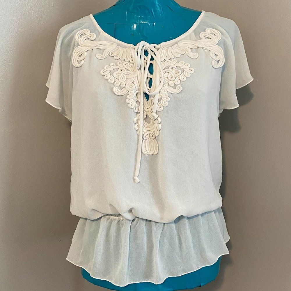 Sophie Max Boho Semi Sheer Embordered Womens Top Size L